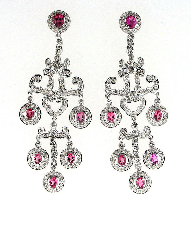 18KW Chandelier Earrings with Pink Tourmaline: 2.35cts and Diamo