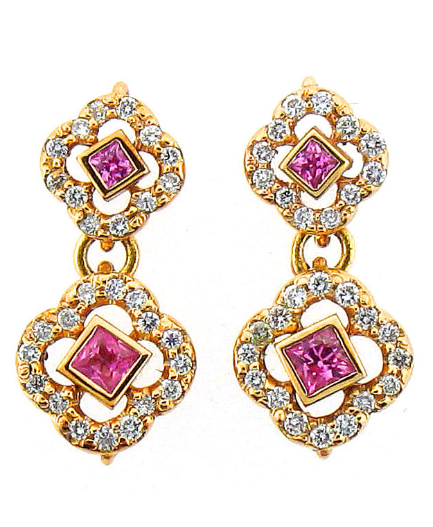 14KY Fashion Earrings with Pink Sapphires: 0.85cts and Diamonds: