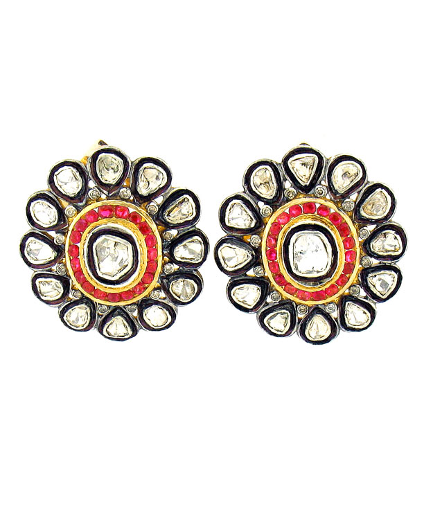 18KTT Earrings with Rubies: 2.00cts and Un-Cut Diamonds: 2.80cts