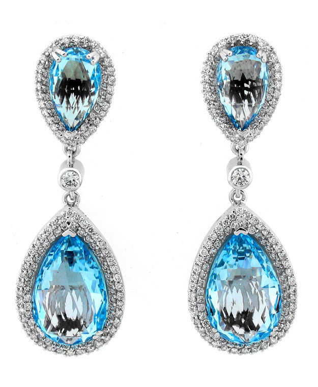 18KW Drop Earrings with Pear-Shaped Blue Topaz: 57.15cts and Dia