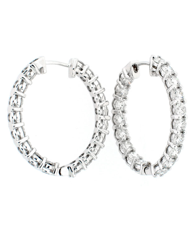 14KW Double Wire Shared Prong Oval Shaped Hoop Earrings with Dia