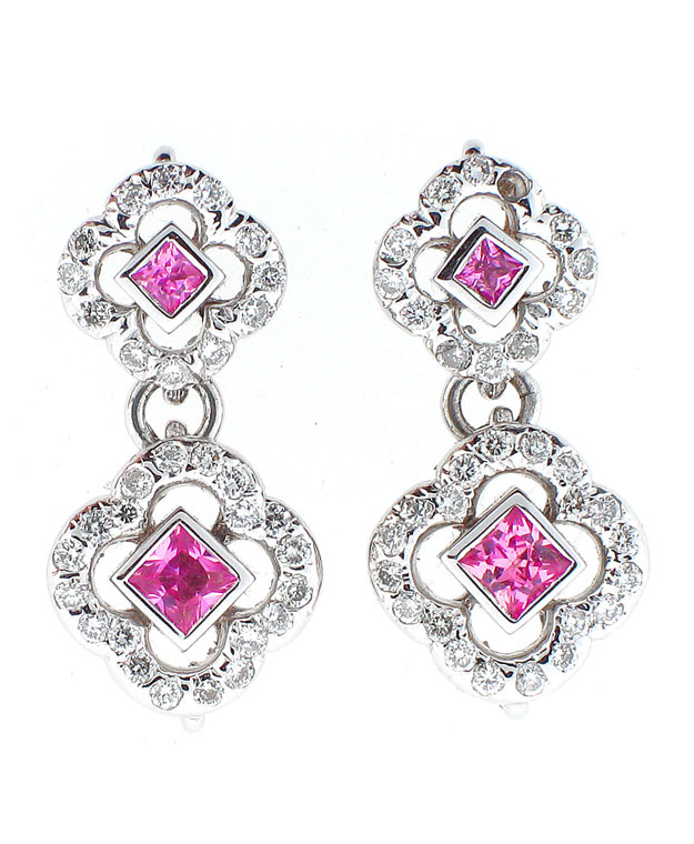 14KW Fashion Earrings with Pink Sapphires: 0.85cts and Diamonds:
