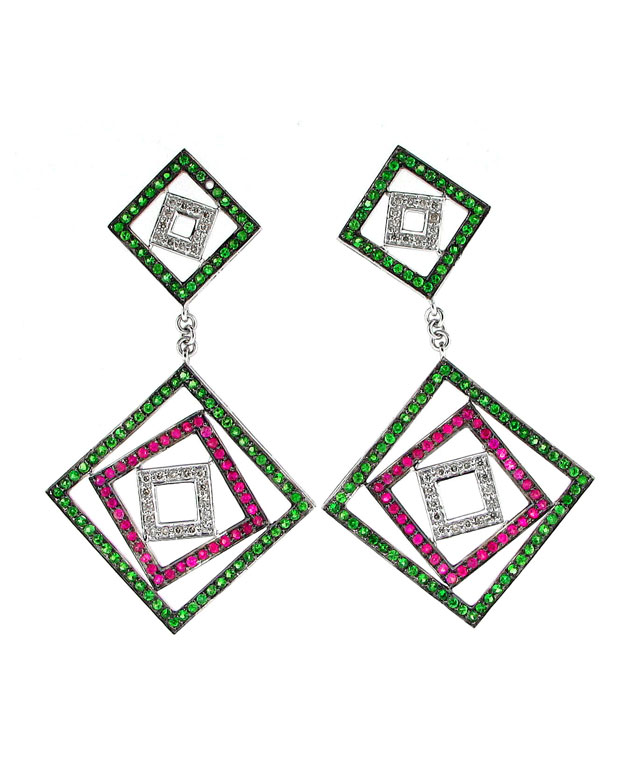 18KW Square Drop Earrings with Multi-Colored Sapphires: 3.10cts
