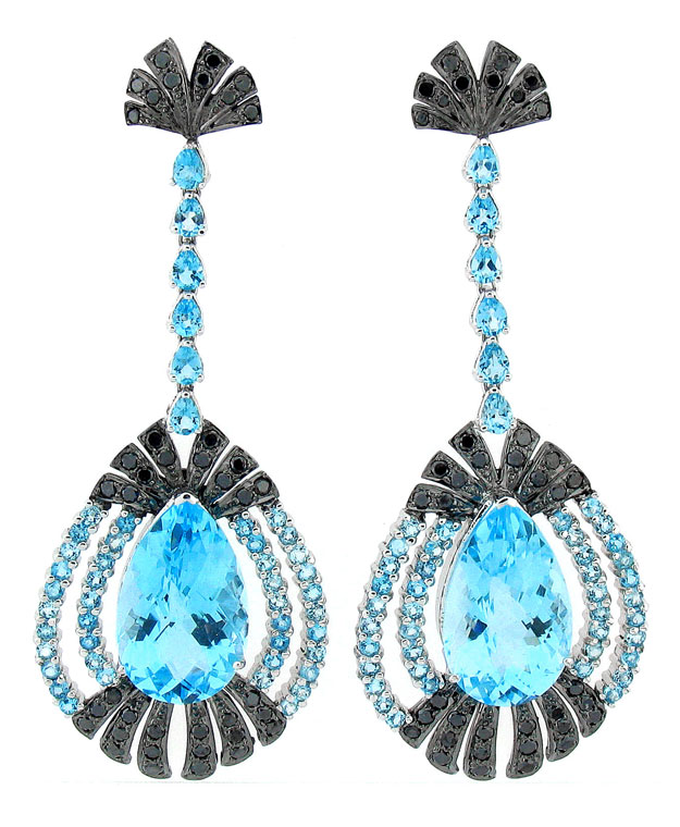 18KW Chandlier Drop Earrings with Blue Topaz: 47.60cts and Black