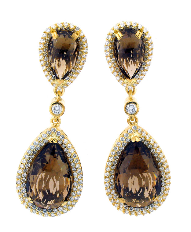 18KW Drop Earrings with Pear-Shaped Smokey Topaz: 41.60cts and D